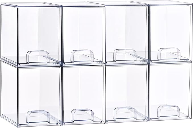 Sorbus Stackable Acrylic Storage Drawers, 8 Pack Clear Plastic Organizer Bins for Baby Bottles, Makeup, Bathroom, Vanity & Kitchen Countertop Organization, Pull-Out Drawer Design for Cabinets & Pantry