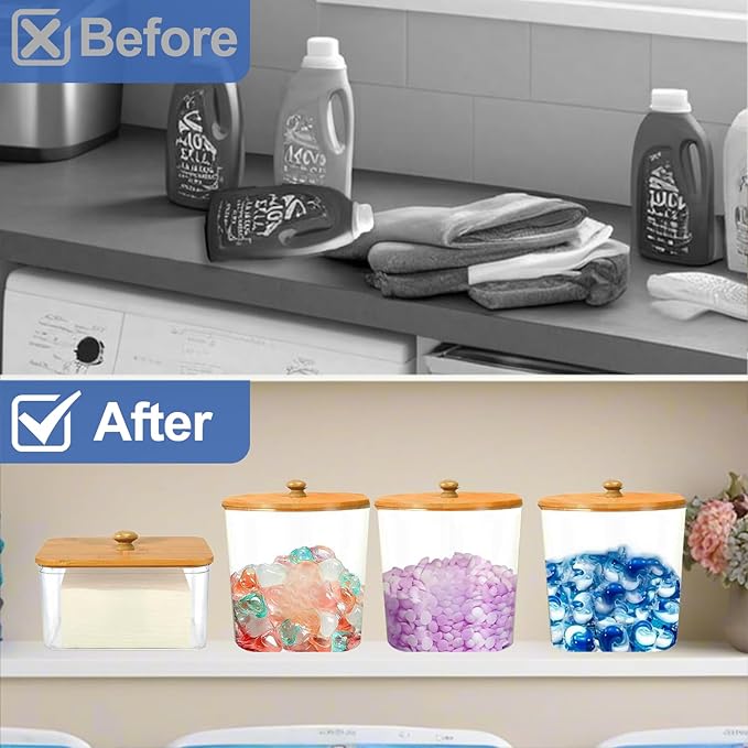 4 Pack Laundry Pods Container, Clear Laundry Room Organization Storage Containers with Wooden Lids & Scoops, Large Laundry Detergent Powder Containers for Powder Dryer Balls