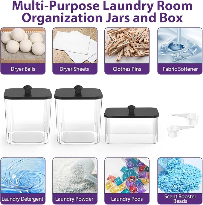 2+1 Pack Clear Laundry Pods Container & Dryer Sheet Holder, Plastic Square Laundry Room Organization and Storage Jars with Black Lids, Scoops & Labels for Detergent, Powder, Dryer Balls