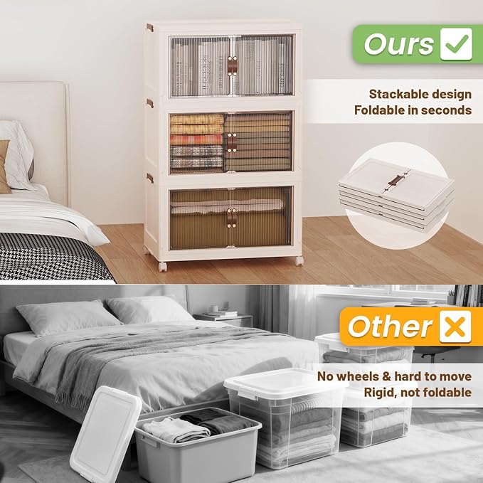SAILUN 381Qt Extra Large Stackable Storage Bins Folding Collapsible Storage Bins with Lid, Closet Organizers and Storage Box with Door Beige 28" W x 17" D x 46" H