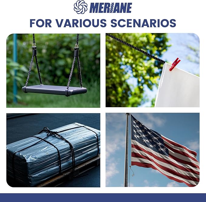 MERIANE Black Nylon Rope 1/8inch 100FT – Multipurpose Solid Braided Rope – Ideal Use for Camping, Clothesline, Marine, Flag Line – Abrasion & UV Resistant – Shock Absorption Rope for Indoor Outdoor