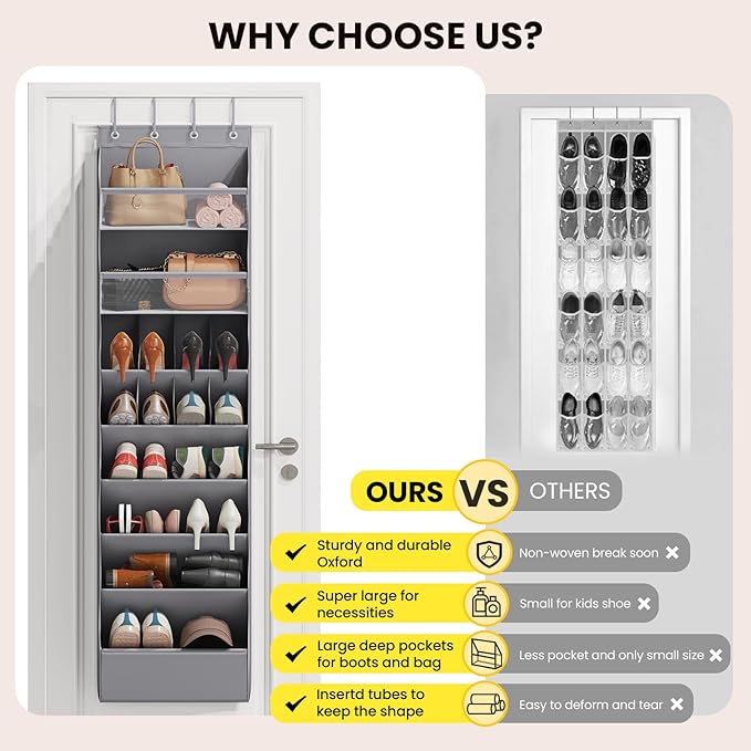 8 Tier Clear Over the Door Shoe Organizer with Deep Pockets, Door Shoes Rack with hard Cardboard and Tubes to Keep the Shape, Hanging Shoe Rack for Closet Organizers, Shoe Holder Grey