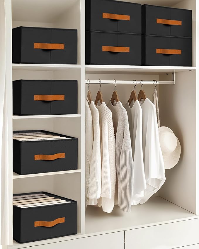 Closet Organizers and Storage - Fabric Clothes Organizer with Handles, Foldable Jeans Organizer for Clothes, Drawer Organizer for Shirts, Bra, Sweater, Scarf, 6 Pack, Black