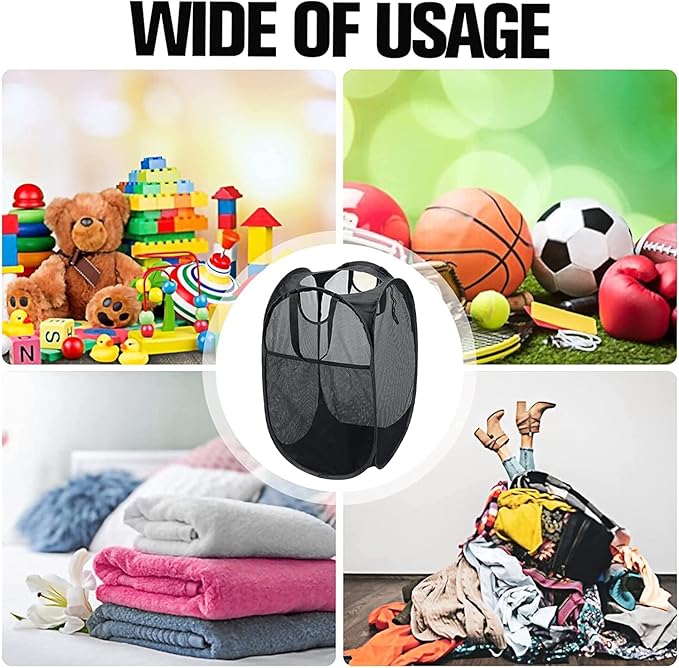 AQQA 9 Pcs Mesh Popup Laundry Hamper Set, Black/White/Blue, Durable Handles, Foldable, Sturdy Mesh Construction, Ideal for Kids, Teens, Adults, College Dorm, Camping, Hotel, Travel