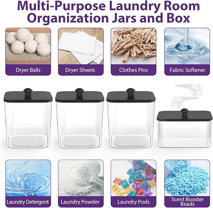3+1 Pack Clear Laundry Pods Container & Dryer Sheet Holder, Plastic Square Laundry Room Organization and Storage Jars with Black Lids, Scoops & Labels for Detergent, Powder, Dryer Balls
