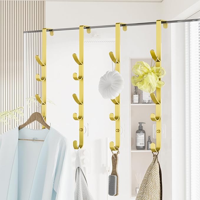 Over The Door Hooks, Metal Door Hooks for Hanging, Over The Door Purse Organizer for Door Coat Hanger, Back of Shower for Hanging Towel Rack Clothes, Hat, Bathroom, Closet (Gold-4Packs)