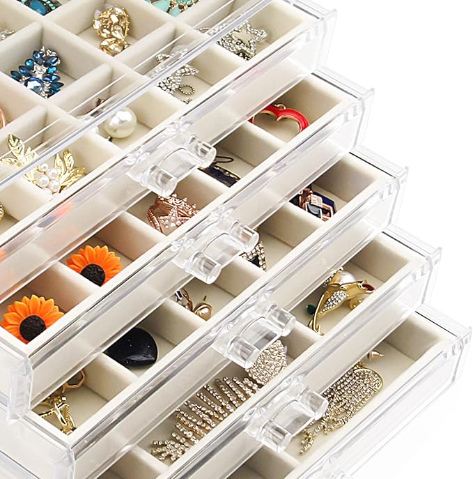 Acrylic Jewelry Box with 5 Drawers, Clear Earring Storage Organizer Display Case for Women Girls, Beige