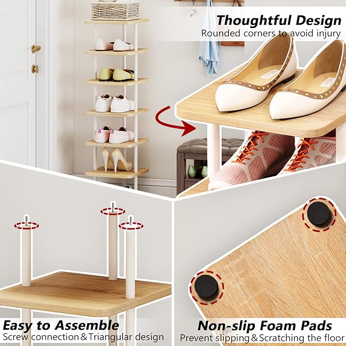 AZERPIAN Shoe Rack 7 Tier Vertical Storage Organizer Narrow Metal Slim Shelf Modern Free Standing Shoe Tower Saving Space for Closet Entryway Bedroom,White