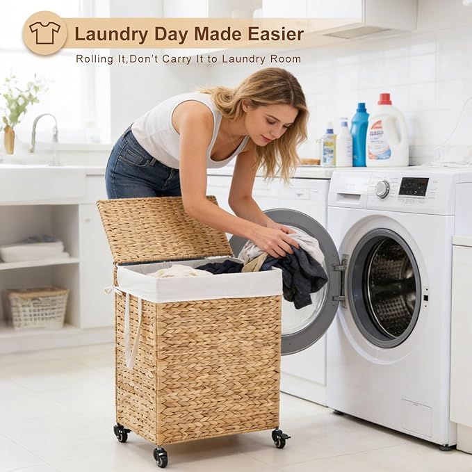 2-Section Laundry Hamper with Lid, Large Capacity Woven Natural Water Hyacinth Laundry Sorter with Removable Liners, Rolling or Non-Slip Design for Bedroom(Natural, 2-Section)