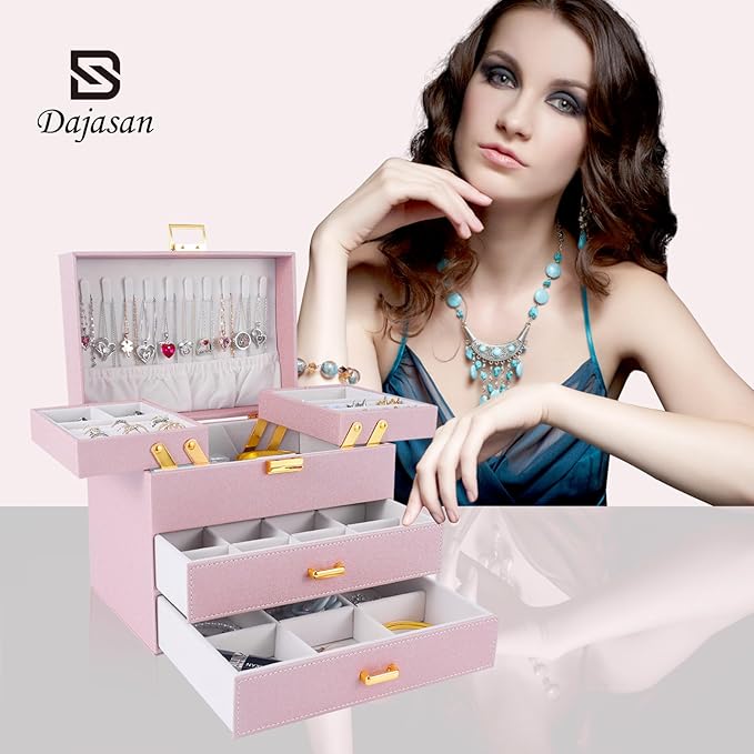 Dajasan Jewelry Boxes for Women Girls, Jewelry Storage Organizer, 4 Layers Large Jewelry Organizer Box with 2 Drawers for Friends, Wife or Mother Gift (Pink)