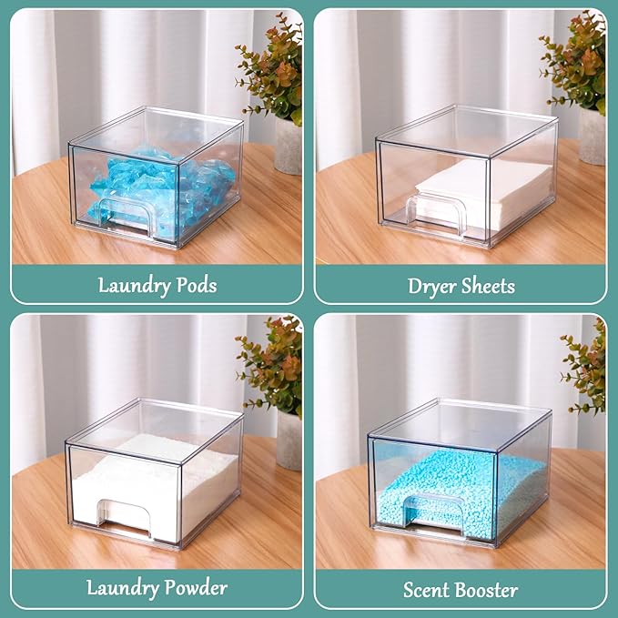 Laundry Pods Container and Dryer Sheet Holder Set, Dishwasher Pods Holder Set, Detergent Pods Storage Box, Scent Booster And Laundry Powder Dispenser Orangizer For Laundry Room, 4 PACK