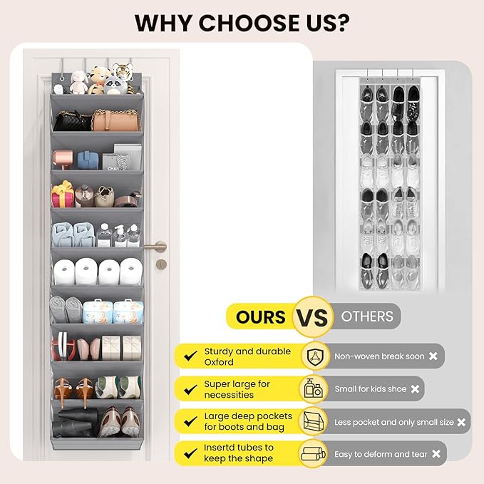 10 Tier Clear Over the Door Shoe Organizer with Deep Pockets, Door Shoes Rack with Hard Tube to Keep the Shape, Hanging Shoe Rack for Closet Organizers & Storage, Behind Door Shoe Holder Grey