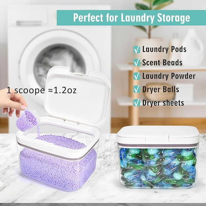 Laundry Pods Container Laundry Pod Holder with Lid, Laundry Room Storage Container for Detergent Pods Laundry Powder Scent Booster Container with Scoop (2 Pack)