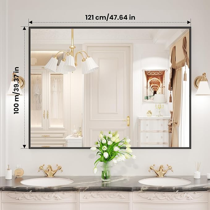 LOAAO Black Bathroom Mirror 48"X40" for Wall, Rectangle Bathroom Vanity Mirror, Tempered Glass, Hangs Vertically or Horizontally, Easy to Install, Modern Design