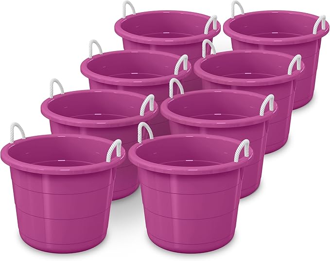 Life Story 8 Pack Open Storage Bucket, Round Plastic Container with Rope Handles, 17 Gallon, Purple