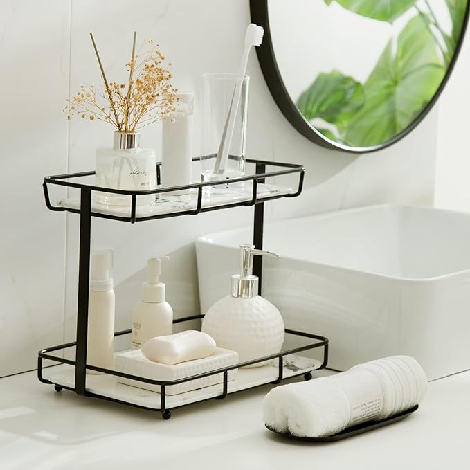 Bathroom Organizer Countertop Perfume Organizer Makeup Organizer Cosmetics Storage Display Rack Vanity Tray Dresser Stainless Steel Gold Shelf White Marble Ceramic Tray (2 Tier L-Black)