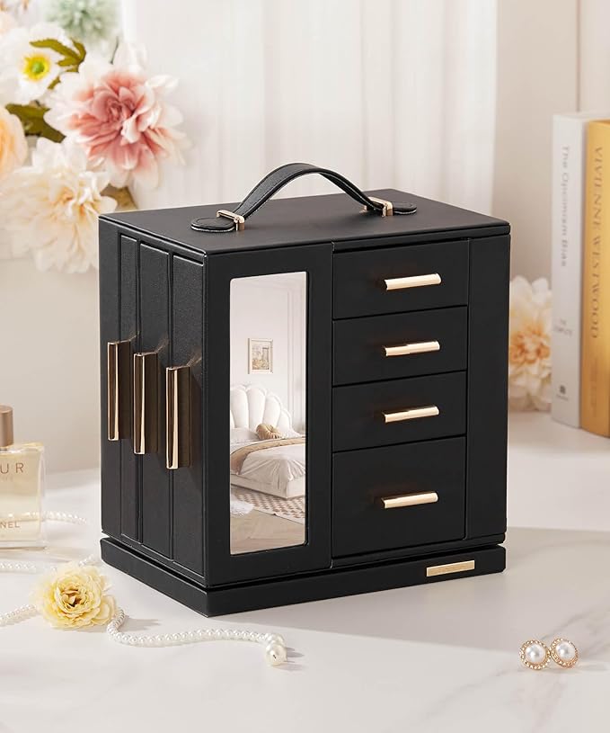 Homde Valentine's Day gifts Jewelry Box 360° Rotating, Necklace Earring Organizer with Transparent Window, Mirror, 7 Drawers, Large Ring Display Storage Case for Girls Women (Black)