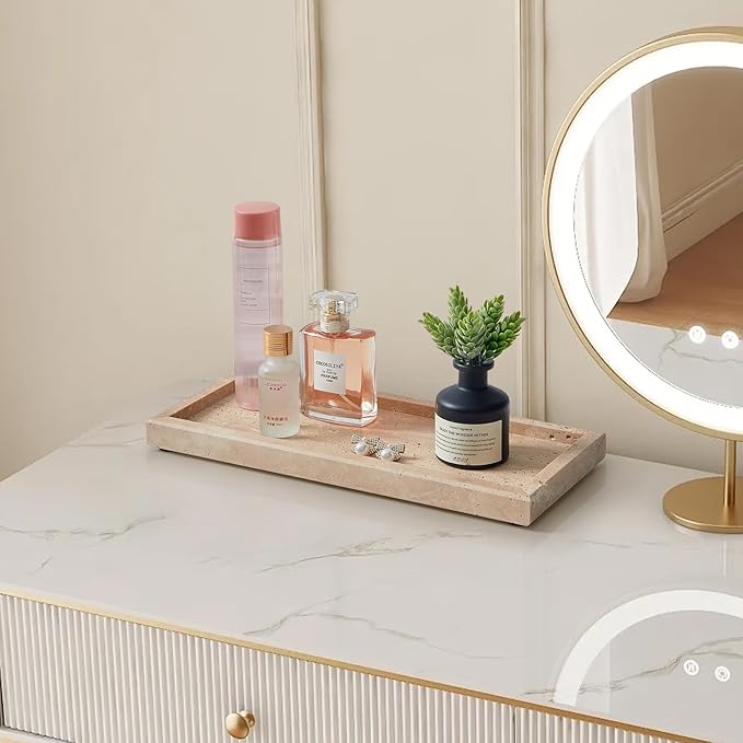 Natural Small Travertine Tray for Bathroom Vanity and Kitchen Sink, Stone Countertop Organizer for Soap Dispenser, Jewelry, Perfume, Candle, Ring, Home Decor, Non-Resin Non-Ceramic