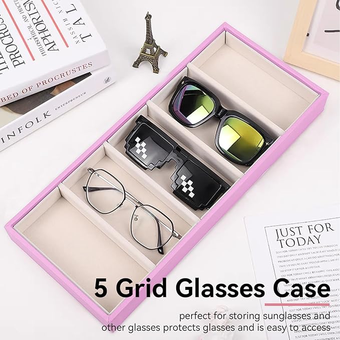 Sunglass Organizer, Pink Velvet Glasses Tray 5 Grids Stackable Display Case for Women Glasses Jewelry Display Watch