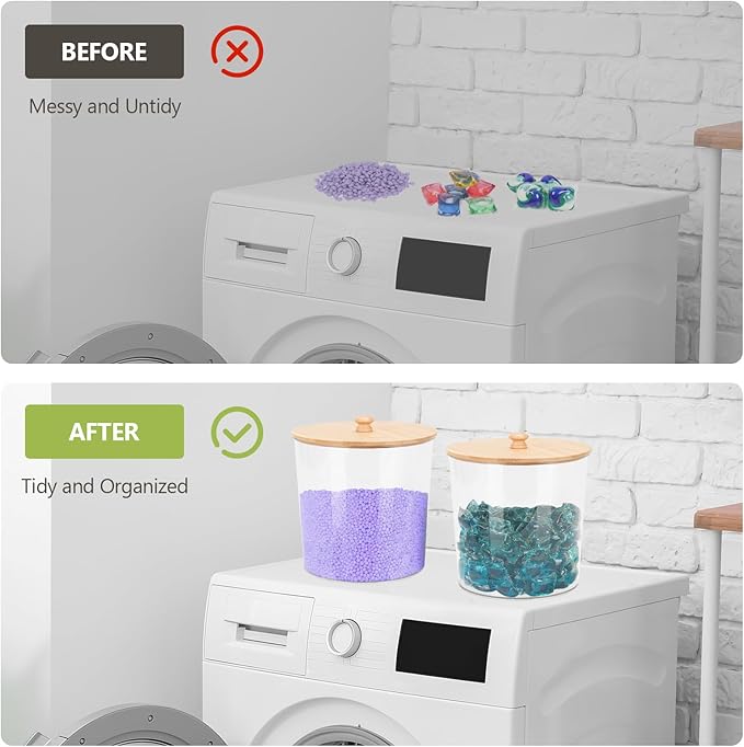 3-Pack Laundry Pods & Detergent Powder Storage Containers with Natural Bamboo Lids for Organized Laundry Room