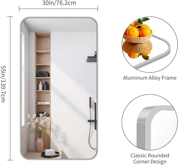 FORBATH 55x36 Inch Silver Bathroom Mirror for Over Sink, Large Rectangular Wall Mirror with Metal Frame, Rounded Corners for Bathroom, Bedroom, Entryway Decor (Horizontal or Vertical)