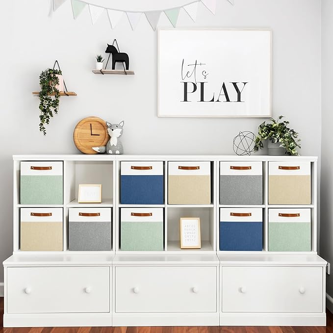 13x13 Storage Cubes 6-Pack, Large Foldable Fabric Cube Storage Bin with Reinforced Bottom and Labels, Organizer Baskets for Shelves, Closets(White/Green)
