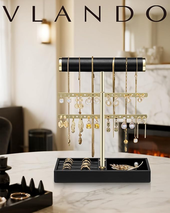 Vlando 2 Tier Necklace Holder Organizer with Tray, Leather Bracelet Holder Display for Women, Gold Jewelry Holder Stand for Bracelet, Necklace, Earrings, Rings - Black