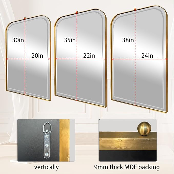 POZINO Brushed Gold Arched Mirror, 22"x35" Brass Vanity Oblong Mirror for Over Sink, Stainless Steel Frame Rounded Rectangle Mirrors for Bathroom Bedroom Living Room Entryway Hallway