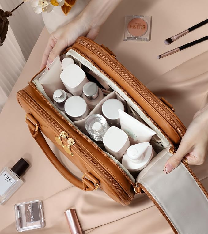 Travel Makeup Bag, Large Capacity Quilted Toiletry Bag for Women Stand-up Cosmetic Bag Open Flat Make Up Case Organizer Portable Pouch Purse w/Handle for Traveling Accessories Beige Floral