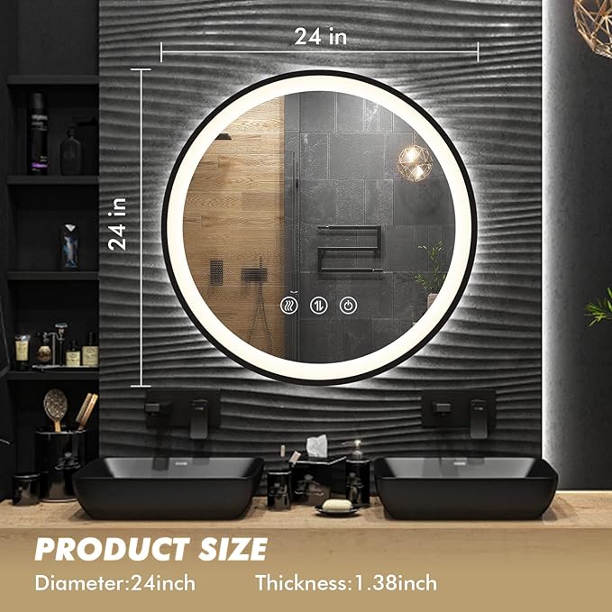 LED Bathroom Mirror with Lights 24'' Black Frame Large Round Makeup Mirror, Wall Mounted Vanity Mirror for 3Colors Dimmable Anti-Fog Memory Smart Light up Wall Mirror Plug-in/Hardwired Circle Mirror