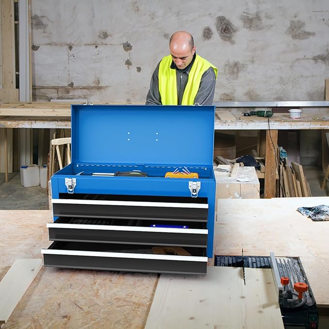 Metal Tool Box, 3-Drawer Tool Box with Carry Handle, 2 Latches & Liner, Portable Tool Chest Storage Box Organizer for Garage, Warehouse & Repair Shop (Blue)