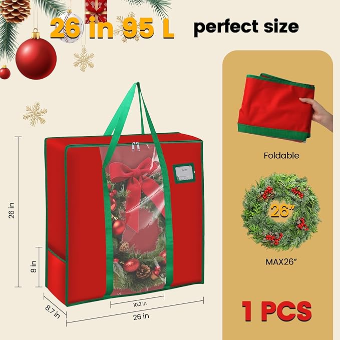 26 inches Wreath Storage Bag, 600D Oxford Cloth Wreath Storage Container, Wreath Storage Box for Spring Summer Christmas Wreath Decorations or Clothing Blanket Comforters Bed Sheets Pillows