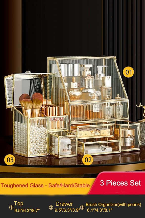 MOOCHI Golden 3 Pieces Makeup Organizers for Vantity, glass, Skin Care Organizer, Drawers,Brush Organizer,Countertop Cosmetics Storage Display Case