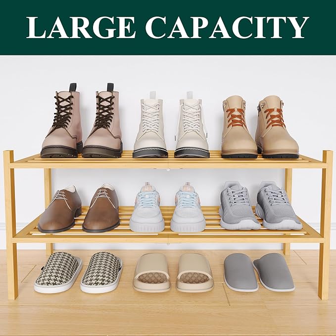 Smiry Bamboo Shoe Rack 2-Tier, Stackable Wooden Shoe Organizer for Entryway & Closet, Free Standing Wood Shoe Storage Shelf for Front Door & Small Spaces, Natural