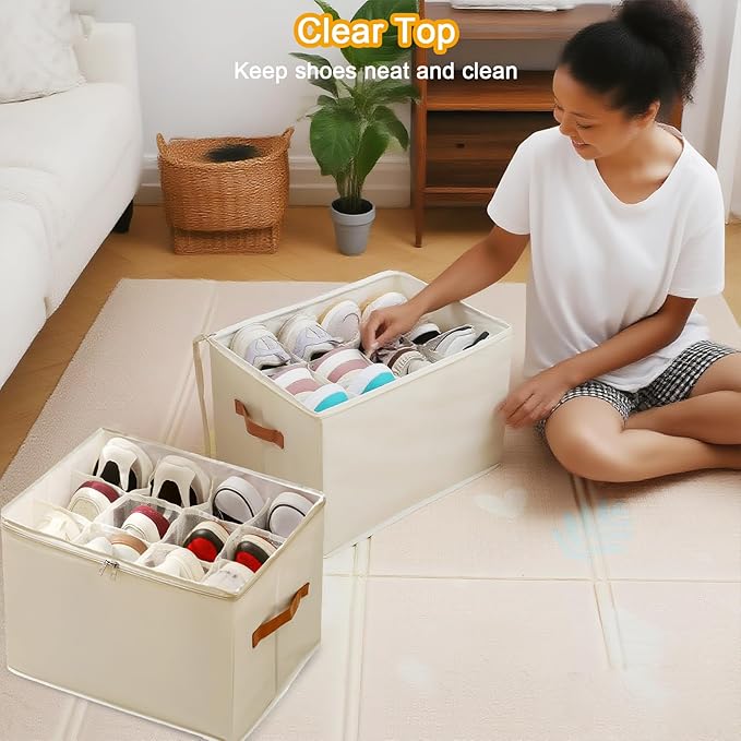 Shoe Organizer for Closet 2 PCS Foldable Shoe Storage Organizer with Clear Cover, Fits up to12 pairs Shoes Organizer Box Bin With Bottom Support (Beige)