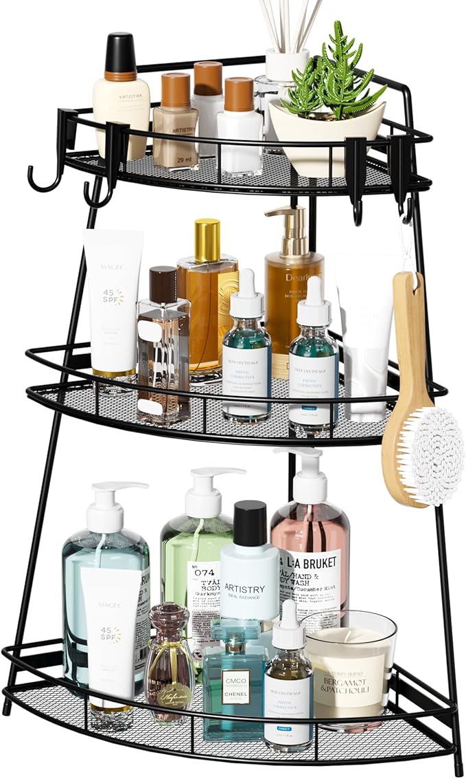 VITVITI 3 Tier Corner Bathroom Counter Organizer, Metal Bathroom Countertop Organizer Shelf Storage, Bath Room Sink Makeup Organizers for Vanity Skincare with Hooks, Black