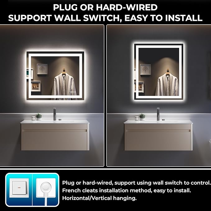 28x36 Inch LED Bathroom Mirror with Lights Front and Backlit Lighted Vanity Mirror for Bathroom Wall with 3 Colors Dimmable Anti-Fog Memory Shatter-Proof IP54 Waterproof Horizontal/Vertical