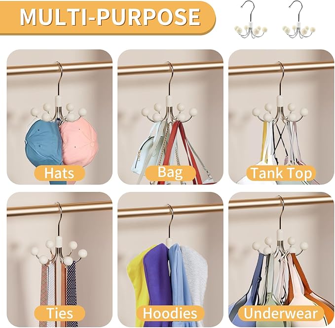 2 Pack Hoodie Hanger for Organizer 360° Swivel Closet Hooks for Belt, Space-Saving Hanger Bra Storage, Accessorise Organizer for Tie, Hat, Tanktop, Scarf, Purse