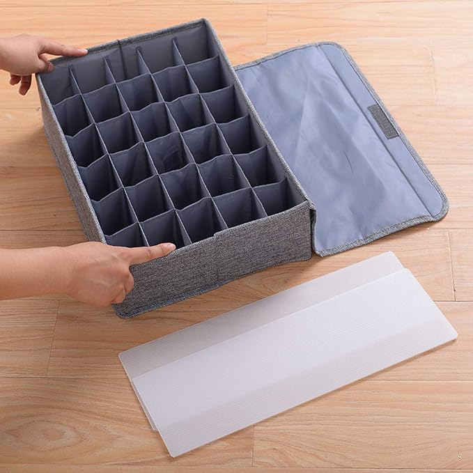 AARAINBOW Underwear Socks Ties Storage Organizer with Lids Foldable Closet Drawer Organizer 30 Cells, Fabric Wardrobe Divider Storage Box for Scarves and Lingerie (30 Cell, Gray)