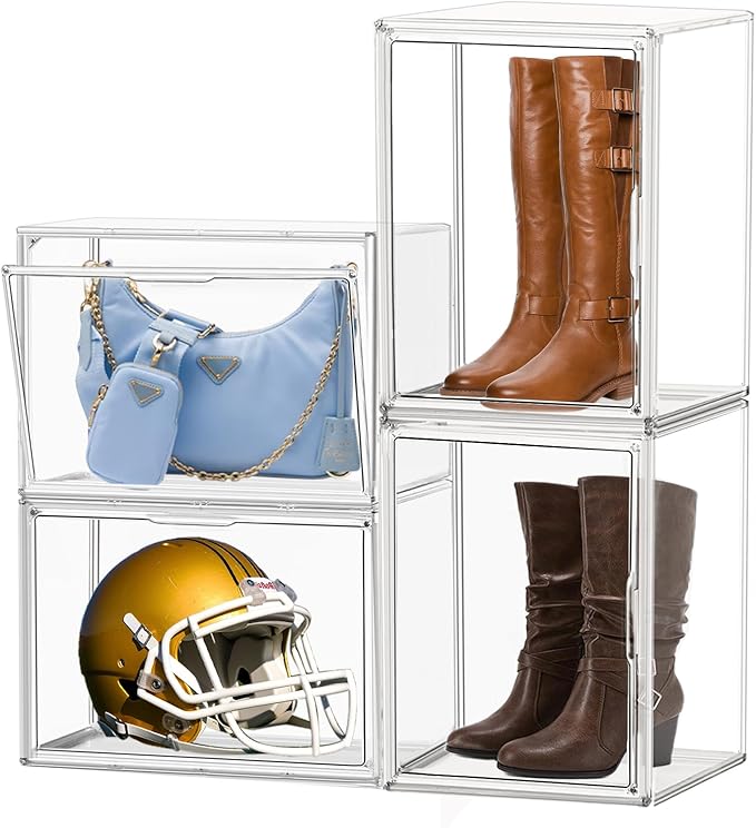1 Pack Extra XXX-Large Acrylic Purse Display Case 17.7''x13''x13'' Clear Purse Handbag Organizer Stackable Storage Bins with Dustproof Magnetic Door Acrylic Box for Shoes, Helmet, Boots, Figures