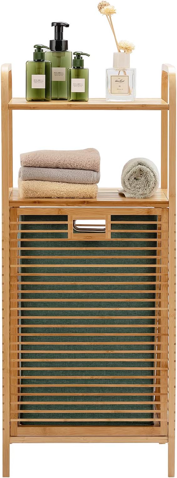 Giantex Laundry Hamper Tilt-Out Laundry Linen Hamper Bamboo Freestanding Clothes Basket W/Shelf & Removable Liner, Storage Laundry Shelf for Bathroom Living Room Bedroom, Natural