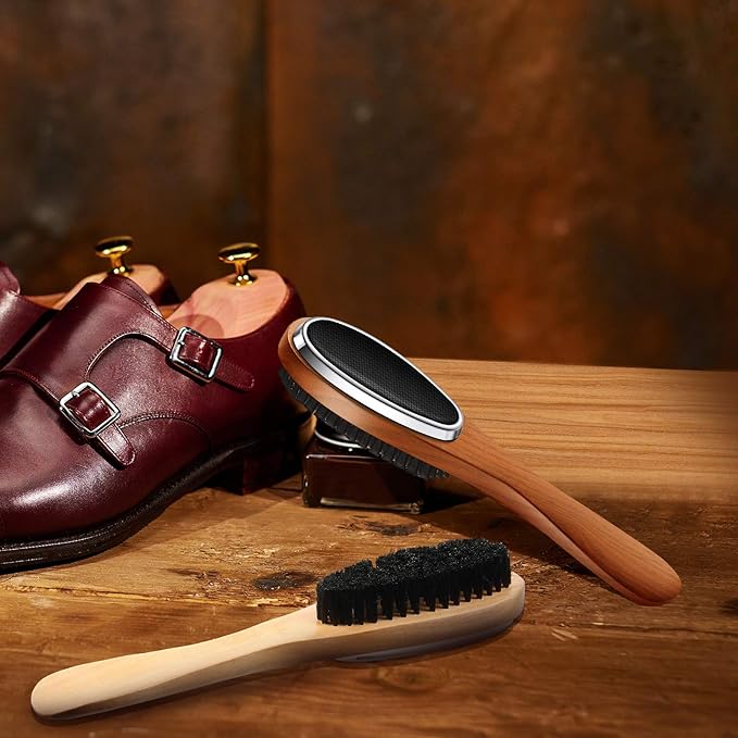 Patelai 2 Pieces 3 in 1 Lint Cloth Brush Double Sided Garment Brush Lint Remover Shoe Horn Beech Wood Handle for Clothes Wool Coat Couch Pet Hair, Random Color