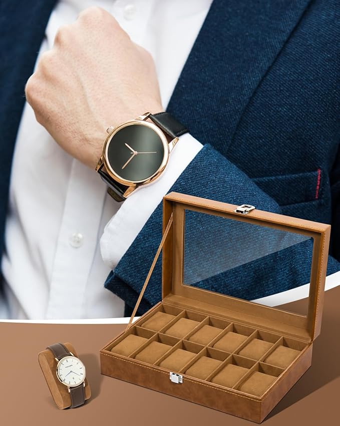 Uten 12-Slot Watch Box, PU Leather Watch Case with Glass Lid, Watch Holder Organizer with Soft Pillow and Velvet Lining, Watch and Jewelry Storage Box, Brown