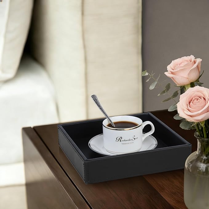 HofferRuffer Faux Leather Vanity Tray, Elegant Desktop Storage Organizer, Decorative Catchall for Perfume, Bathroom Valet, Nightstand or Dresser, 8 x 8 x 1.8 inches (Black)