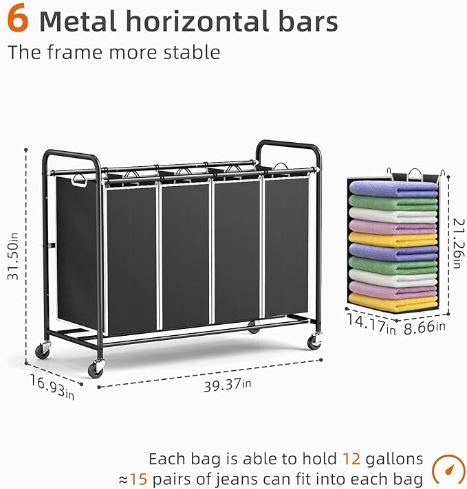ROMOON Laundry Hamper Sorter Cart: 4-Section Organizer with Heavy-Duty Lockable Wheels and Removable Bags | 172L Rolling Laundry Basket for Dirty Clothes in Laundry Room or Small Spaces (Black)
