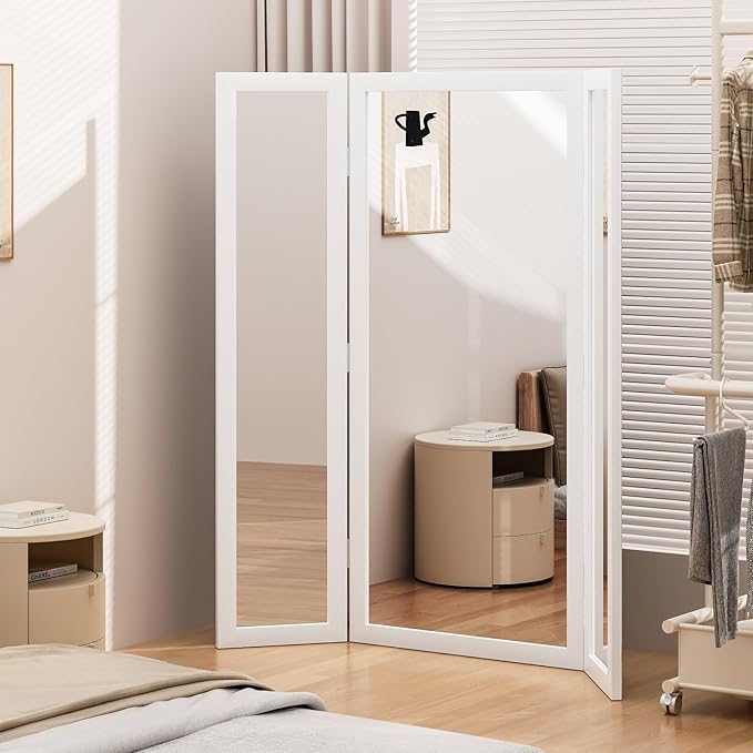 3 Way Mirror Full Length with Tempered Glass 71"x67", 3 Panel Oversized Trifold Floor Mirror with Wood Frame, Decorative Folding Mirror for Home,Wedding Dress/Clothing Shop/Bedroom/Closet (White)