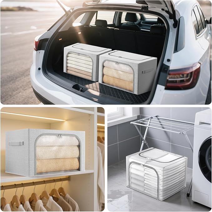 Large Size 66L 3 Pack Openings Clothes Storage Bins with Metal Frame, Stackable & Foldable Linen Storage Box with Lids, Closet Organizers, Blanket, Sweater, Baby Clothes (19.7x 15.75 x 13 Inches)