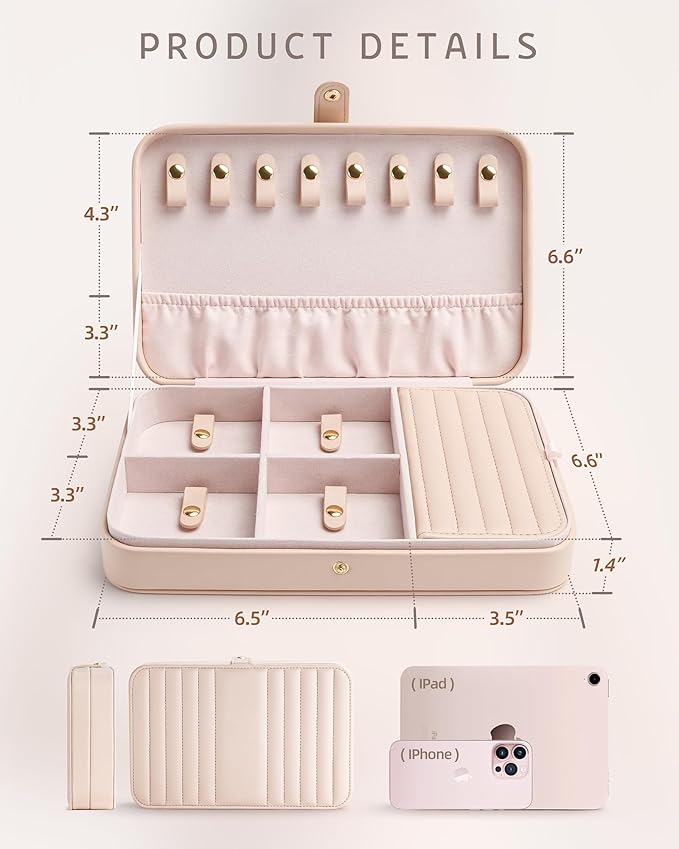 VELORIA PU Leather Travel Jewelry Organizer Case, Snap-Clasp Necklace Holder with Elastic Pouch, Ring & Earring Storage, Compact Jewelry Box for Bracelets and Bangles, Cloud Pink