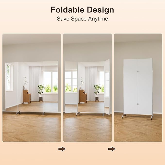 brisafe 67"x55" Folding Mirror with Wheels, 3-Panel Full Length Wall Mirror, Space-Saving Design, Shatterproof Nano Material, Portable Floor Mirror for Gym, Dance Studio, Home, Commercial Use, Black