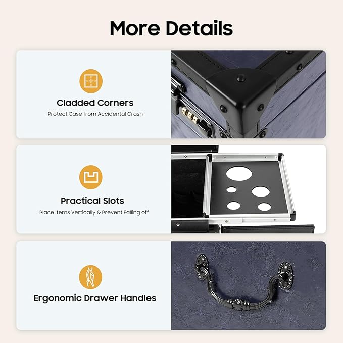 Rolling Makeup Case Large Storage Cosmetic Trolley, Rolling Lockable Makeup Train Case, Stylist Beauty Salon Cosmetic Luggage Travel Organizer Tool Box with Hair Dryer Holder (Blue)